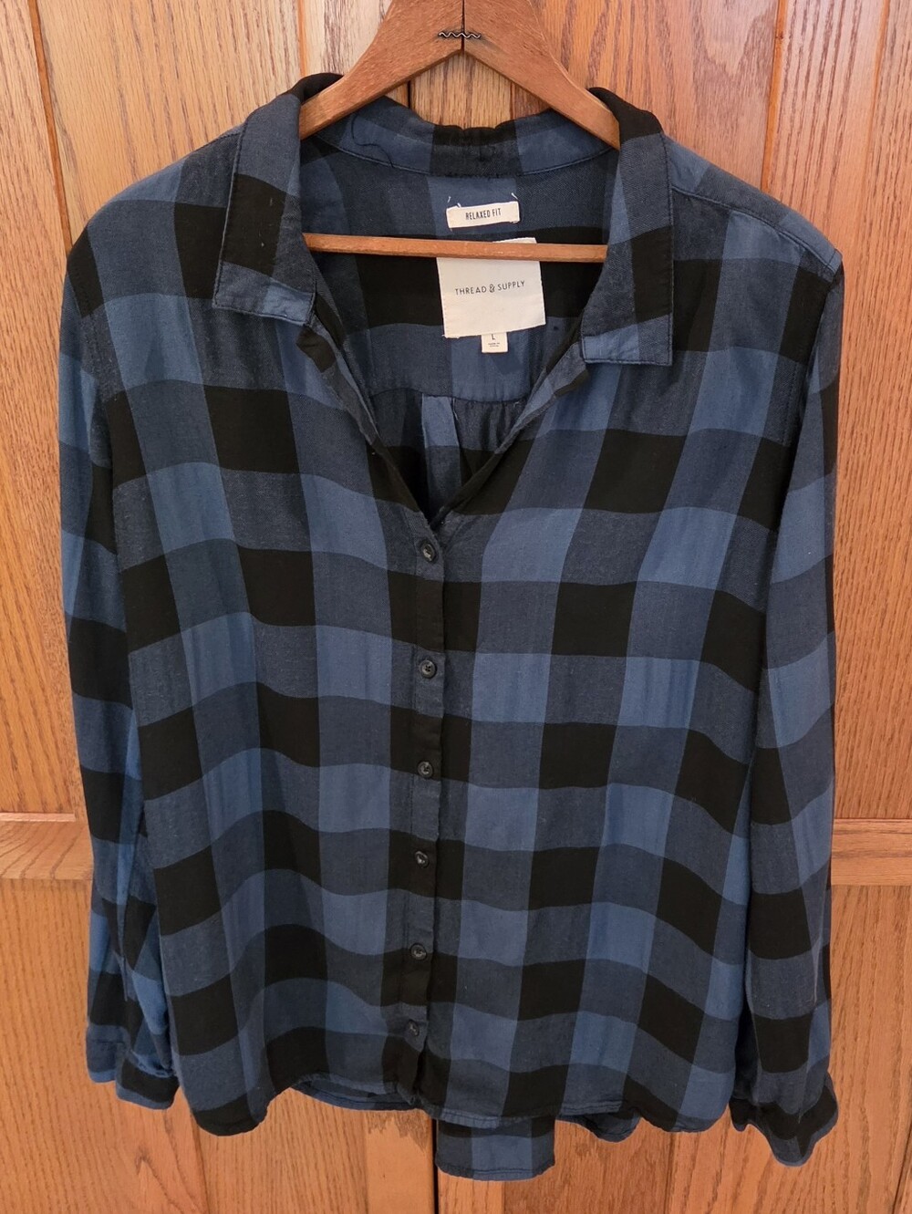 Thread & Supply Relaxed Fit Teal Black Buffalo Plaid Button Up Shirt L